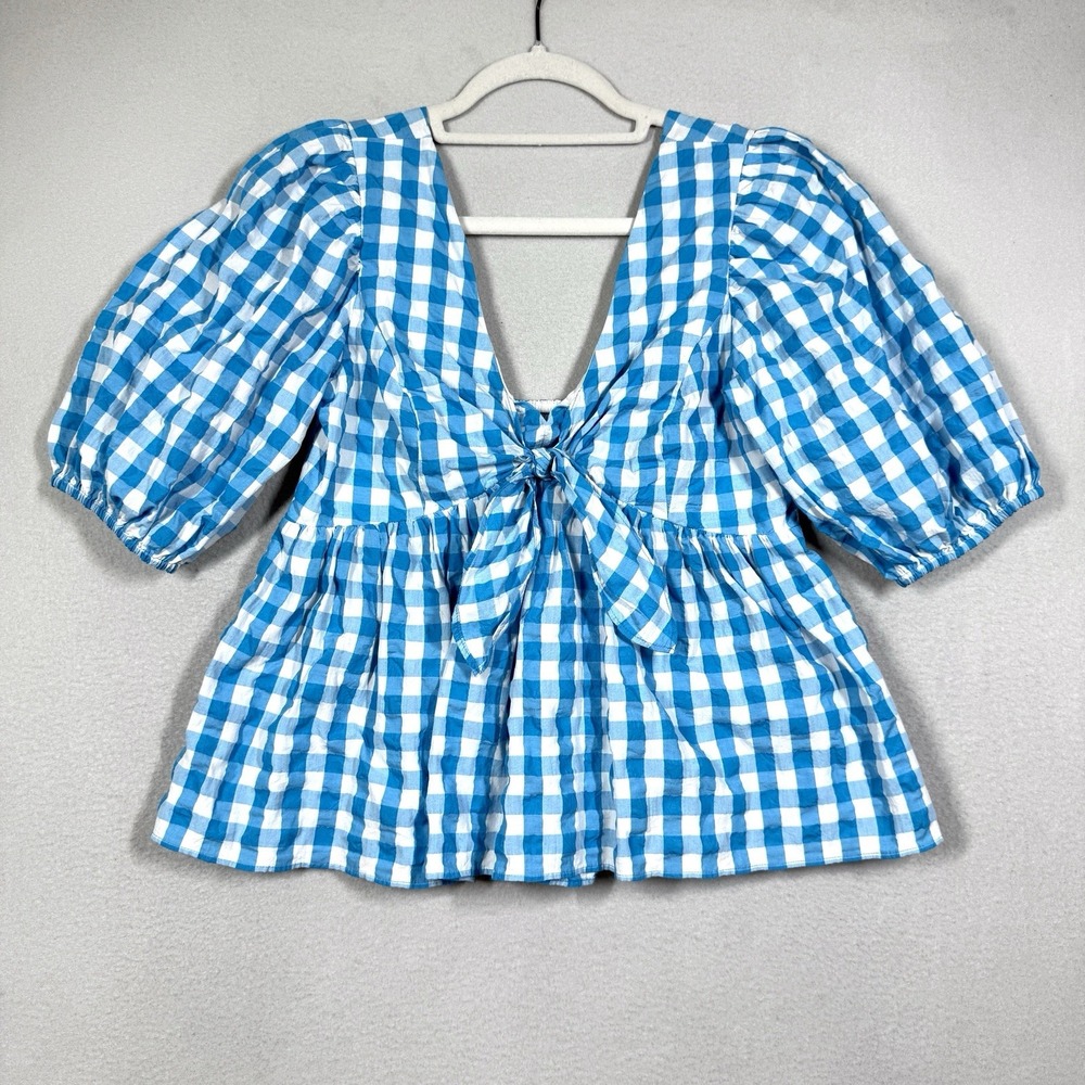 Lilly Pulitzer Top Womens 8 Sarafina Gingham Blouse Babydoll Puff Sleeve Preppy